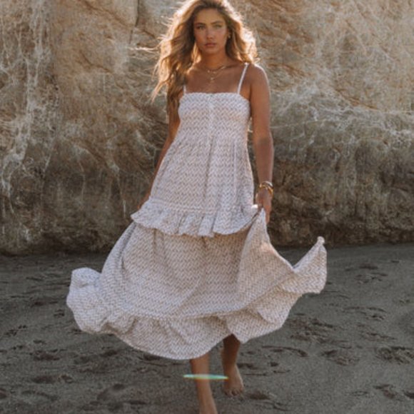 Vici Dresses & Skirts - VICI Hanna Printed Ruffle Tiered Maxi Dress Beige